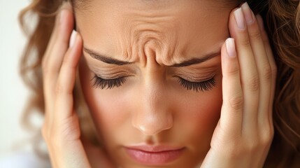 Close-up of an office worker pretending to have a headache. 