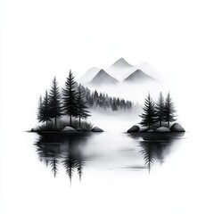Obraz premium Serene Misty Landscape with Pine Trees Reflected in Calm Waters Surrounded by Fog and Mountains