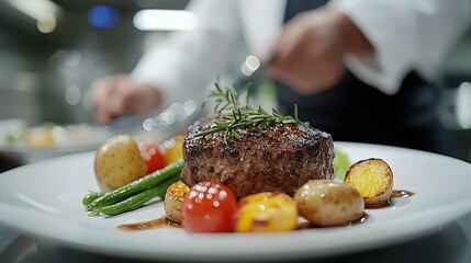A chef plating up an exquisite meal of meat vegetables