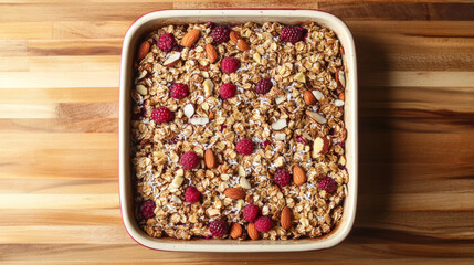 A baking dish filled with crunchy granola, nuts, coconut, and berries, placed on a wooden surface, captured from a top-down angle