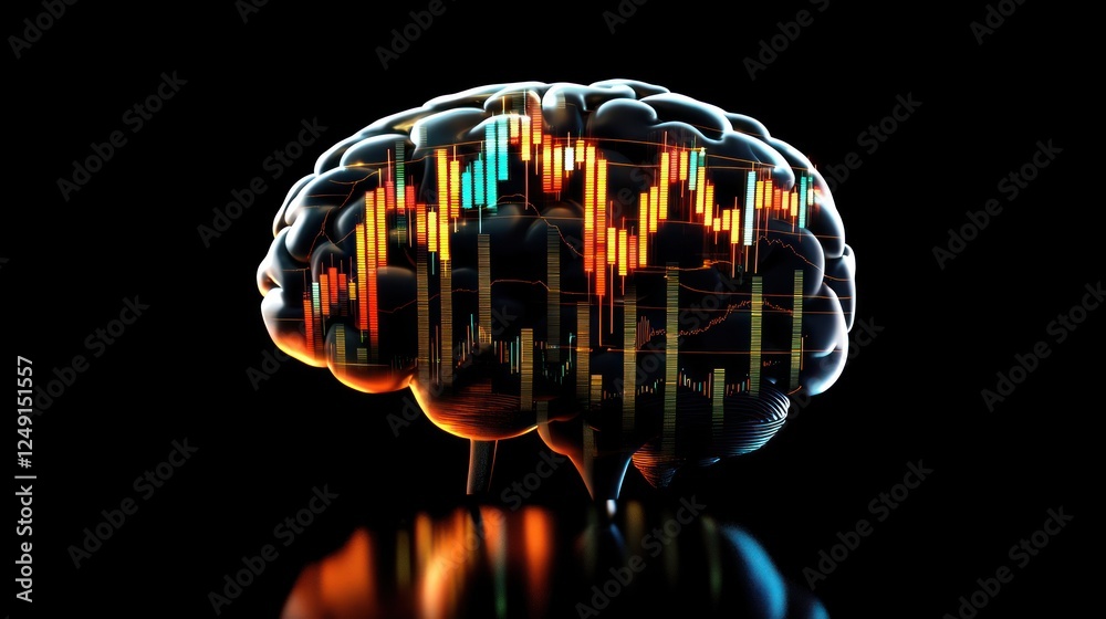 Poster 3d render of a human brain with overlaid stock market candlestick chart data.