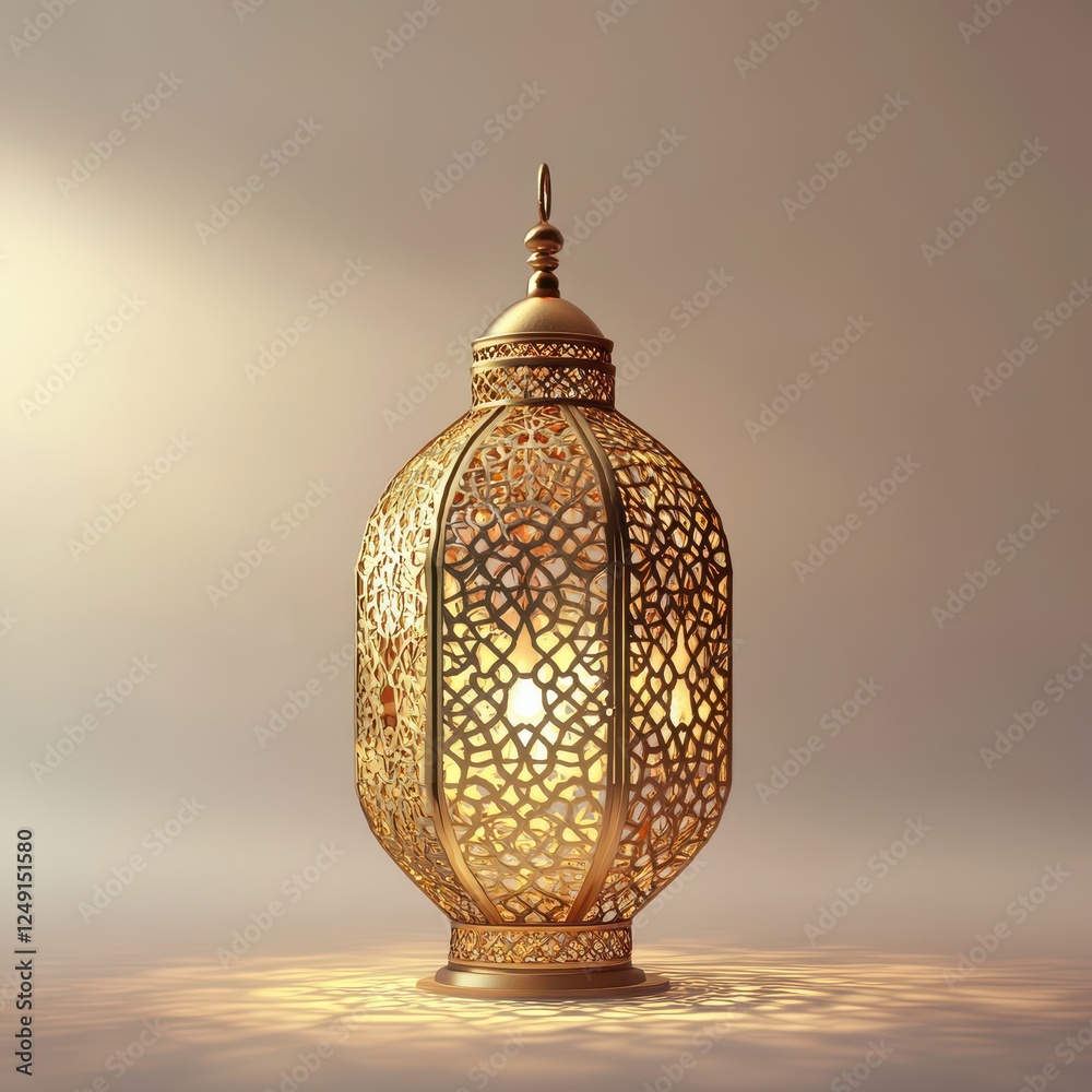 Poster ornate golden lantern with intricate detailing, illuminated from within.