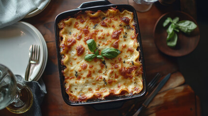 A classic Italian lasagna dish, served hot with a fresh basil garnish for an authentic taste experience