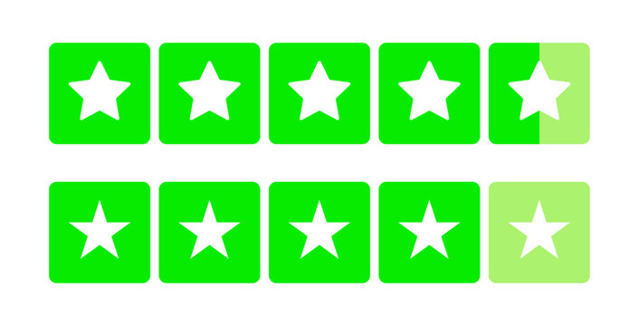 Green product review stars business element icons. A set of five green stars for customer product reviews, representing quality, feedback, and ratings. Flat icons for apps and websites.
