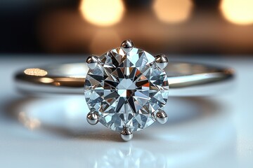 Close-up of a sparkling diamond engagement ring with blurred lights in the background
