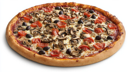 A delicious Italian pizza topped with mozzarella, tomatoes, olives, and mushrooms, showcasing a perfect blend of flavors