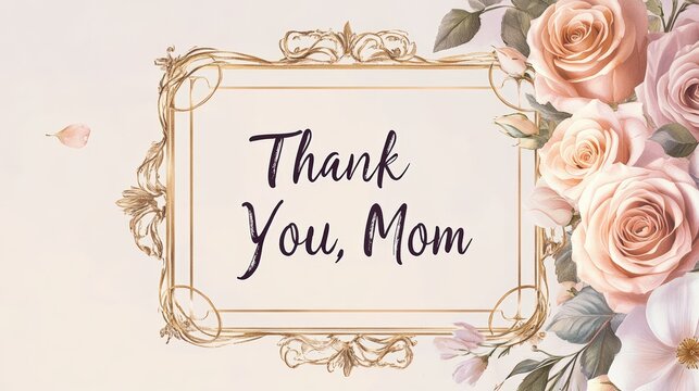 Elegant floral Mother's Day card with soft pastel roses and gold decorative elements