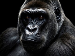 Obraz premium A majestic western lowland gorilla stares intensely, its dark fur contrasting against the black backdrop.