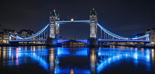 Fototapeta premium A beautiful night-time view of London’s Tower Bridge, glowing with blue and white lights. The River Thames below reflects the bridge’s structure, creating a perfect mirror image.
