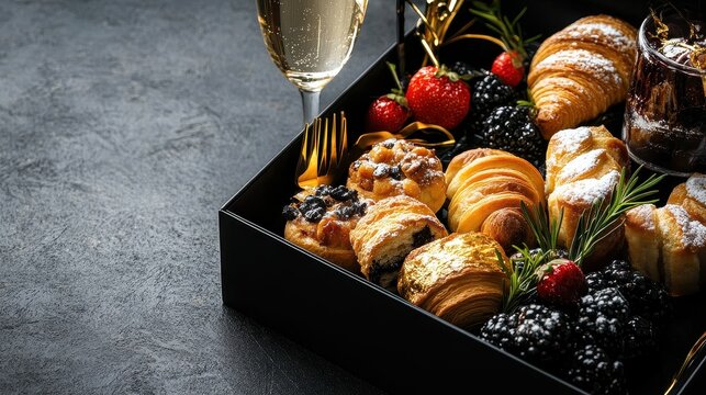 Luxury breakfast box with gourmet pastries, gold utensils, and a champagne glass, elegant brunch concept, high-end dining