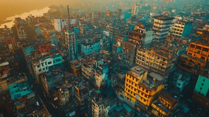Obraz premium Aerial view of a dense, colorful cityscape at sunrise, showing a mix of old and new buildings, with a river in the background.