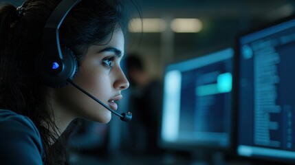 A young woman wearing a headset, concentrating while working in a busy call center office, providing customer service and technical support through digital communication.  
