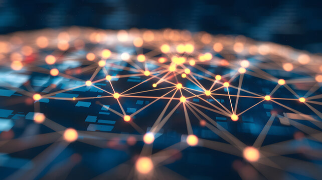 Glowing interconnected network of nodes and lines symbolizing open-source collaboration, abstract digital patterns in the background. Technology and innovation concepts.