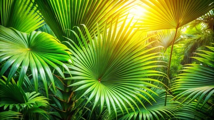 Obraz premium Lush Green Palm Leaves in Sunlight in a Tropical Forest Setting