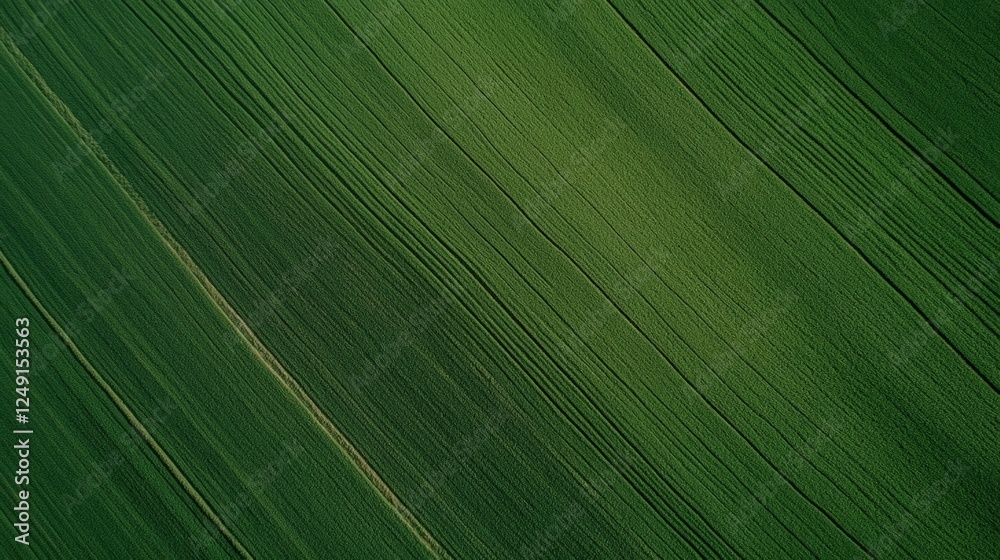 Poster diagonal lines formed by the pattern of a lush green field create an intriguing aerial view, highlig