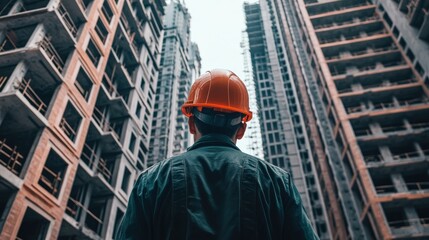 Construction worker wearing an orange safety helmet looking up at unfinished high-rise buildings, urban development scene
