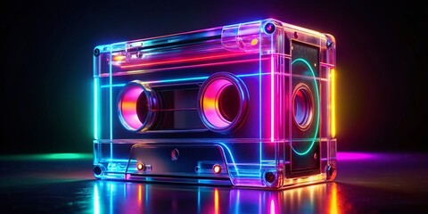 Fototapeta premium Retro Cassette Tape Neon Lights Black Background Stock Photo