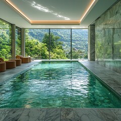 Obraz premium Modern indoor swimming pool with scenic mountain view and natural light