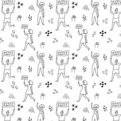 Feminist Seamless Pattern with Activist Women and Protest Signs (Women Power, Stop)