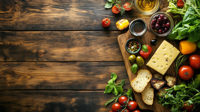 A top-down perspective of a beautifully arranged selection of Mediterranean dishes served on a wooden table