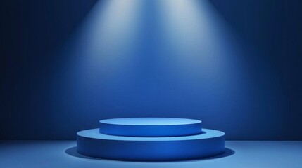 Obraz premium A modern blue podium sits in a stylish studio, perfect for displaying fashion and products under harsh lighting. The layered design adds depth, enhancing the presentation's appeal
