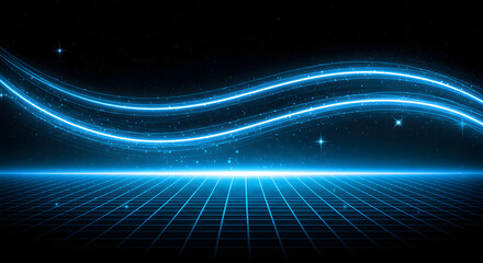 Futuristic Blue Neon Light Waves on Digital Grid &ndash; Abstract Sci-Fi Cyber Background and abstract blue background