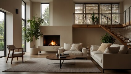 Fototapeta premium Bright modern living room with neutral tones, fireplace, comfortable seating, and large window with garden view