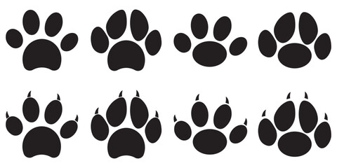 Paw print of dog, cat, puppy pet footprint, Animal foot print vector icon set  