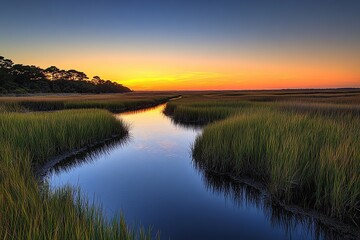 Naklejka premium Serene Sunset over Coastal Marsh: Tranquil Water Reflects Vibrant Sky, Tall Grasses Sway Gently in Evening Breeze