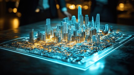Illuminated city model on interactive table.