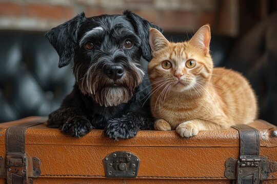 Travel concept featuring a humorous dog and cat seated on a suitcase. This captures the spirit of life with animals and the adventurous journeys of wanderlust-driven people traversing the globe