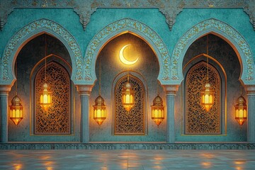 Ornate architectural interior with illuminated lanterns and crescent moon backdrop