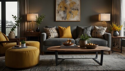 Obraz premium Contemporary living room with gray sofa, yellow pillows, abstract painting, and coordinating furniture
