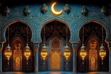 Ornate blue and gold interior with arches, lanterns, and crescent moon at night