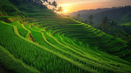 Stunning green rice terraces in Bali at sunset creating an idyllic landscape