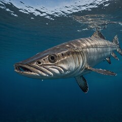 Obraz premium Pike in a Sea A close-up view of a predatory fish, likely a barracuda, swimming through a vibrant coral reef. The fish's sharp teeth and streamlined body are highlighted by the sunlight filtering 