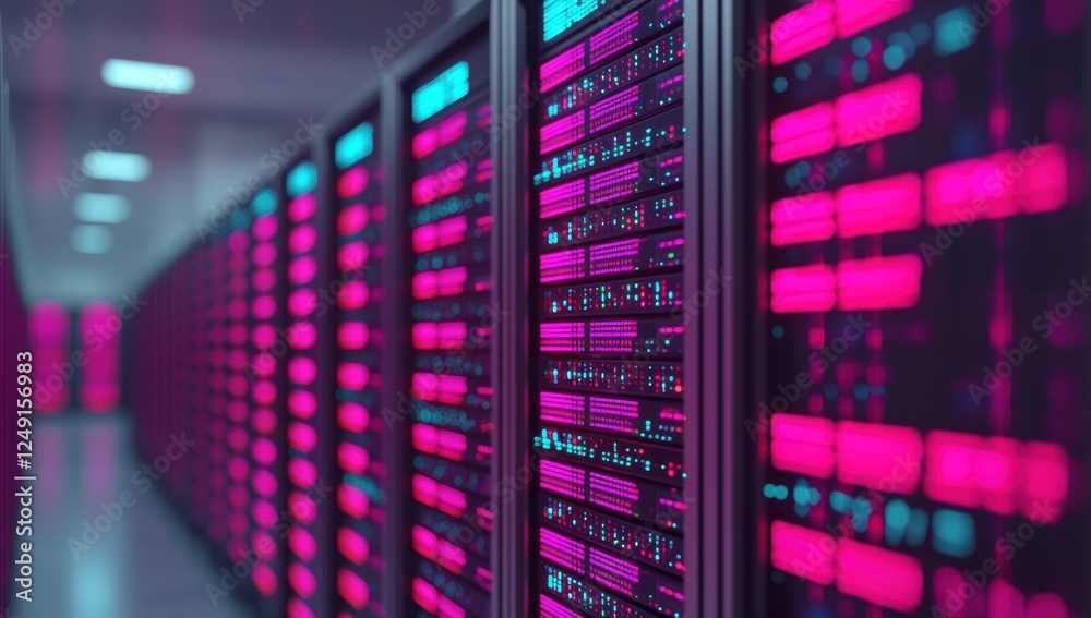 Poster server room hosting many servers with flashing lights and cables