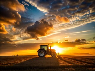 Fototapeta premium Rural Silhouette: Minimalist Black and White Tractor at Sunset