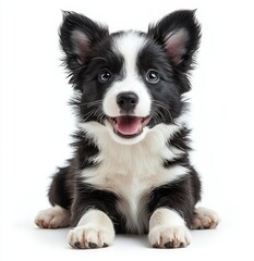 Obraz premium Super cute black and white Border Collie puppy laying down, looking directly at the camera with its most adorable eyes. Its pink tongue is out as it pants, and the entire scene is on a transparent