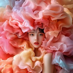 A woman is wearing a flowery headdress with a pink, yellow
