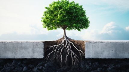 A tree with its roots in the ground and a hole in the ground