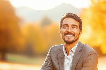 Fototapeta premium Smiling man in a suit enjoying a sunny autumn day outdoors