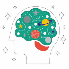 Fototapeta premium Colorful Cosmic Brain Illustration - Planets, Stars.