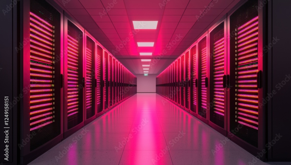 Poster server room illuminated with pink light creating a futuristic atmosphere