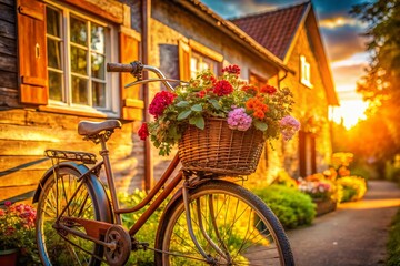 Rustic Charm: Old Bike Flower Basket House Decor Stock Photo