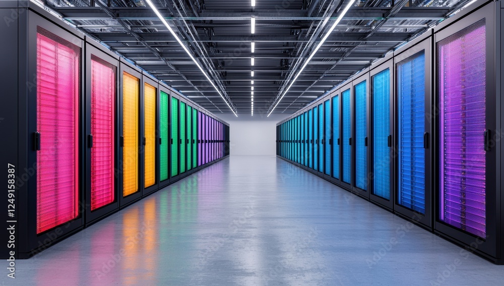 Poster large data center with colorful server racks emitting bright light
