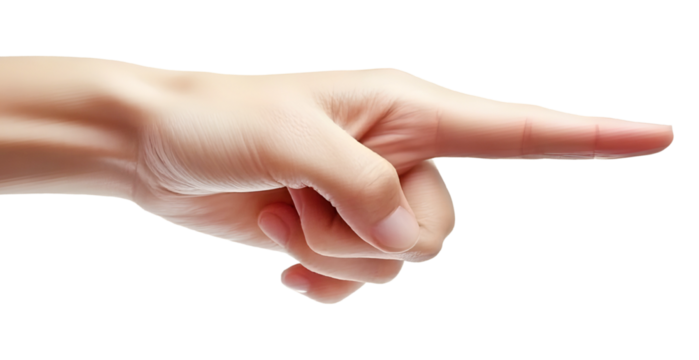 Close-up of hand pointing with finger isolated on transparent background.