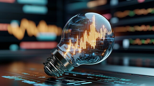 Innovative light bulb concept showcasing data visualization trends tech lab digital art futuristic environment close-up viewpoint creative genius