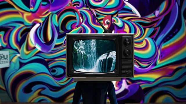 Person with a vintage tv for a head stands in an art gallery filled with colorful psychedelic patterns and eclectic posters, creating a surreal and thought-provoking atmosphere