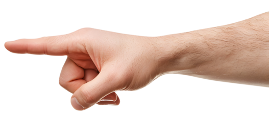 Close-up of hand pointing with finger isolated on transparent background.